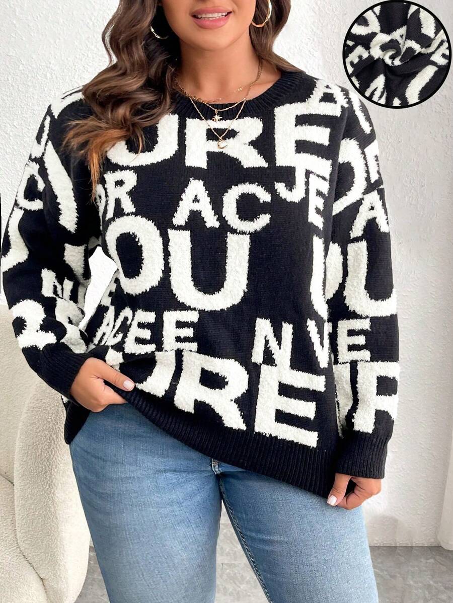 Calvaya Plus Size Crew Neck Letter Pattern Casual Long Sleeve Sweater Knit Pullover Fall Winter - Black - View 1