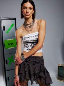 SHEIN Unity Chiffon Butterfly Print Ruched Tie Asymmetric Skirt - Dark Grey - View 3