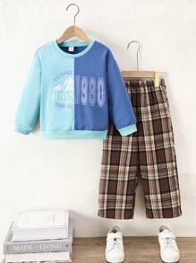 2 Stücke/Set Modisches Kleine Mädchenoberteil mit Patchwork, Buchstaben-Muster und lockere karierte Hose