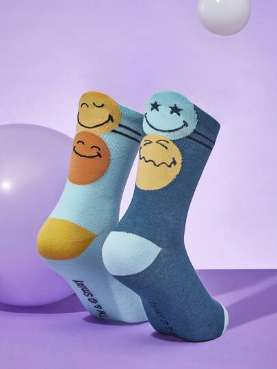 SmileyWorld® | SHEIN 2 Pairs Comfortable Breathable Cartoon Pattern Crew Socks For Boys