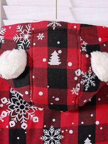 Young Girl Snowflake Plaid Print Button Up Hooded Padded Coat, Casual Daily Wear For Autumn/Winter - Multicolor - View 5