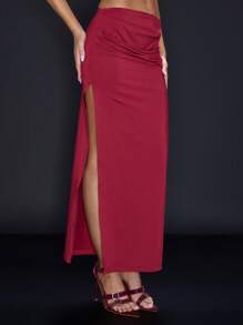 MUSERA 垂褶腰身性感修身长裙，优雅夏日派对必备 - 酒紅色 - 查看 3