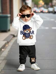 SHEIN Leap Crew 可爱小熊，酷炫小熊，户外服装，男婴休闲宽松柔软针织连帽卫衣套装，适合秋冬季穿着 - 白色 - 查看 2