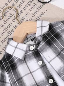 男婴休闲时尚西部牛仔刺绣格子长袖纽扣衬衫，适合居家、休闲和外出 - 黑與白 - 查看 4