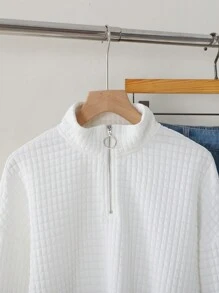 SHEIN Girlism Áo nỉ ngắn có khóa kéo cổ đứng dệt kim màu trắng trơn thường ngày dành cho bé gái tuổi teen - trắng - Xem 7