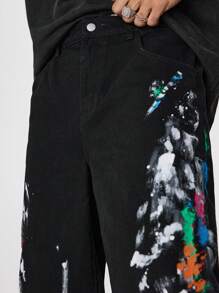 PAVTROS Manfinity Streetrush Men's Black Distressed Denim Wide Leg Jeans With Graffiti Print, Street Style Baggy Black Jeans, For Husband, Boyfriend Gifts