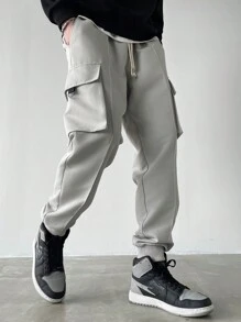 Claim Dot Men's Solid Color Drawstring Waist Cargo Pocket Tapered Leg Casual Pants - Light Grey - View 4