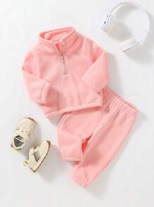 SHEIN 2 件套婴儿女婴可爱休闲长袖上衣和裤子套装，适合春秋季 - 粉色 - 查看 1