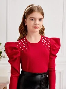 SHEIN Leap Crew Tween Girls' Pearl Decorated Puff Sleeve Crew Neck Pullover T-Shirt - Red - View 2