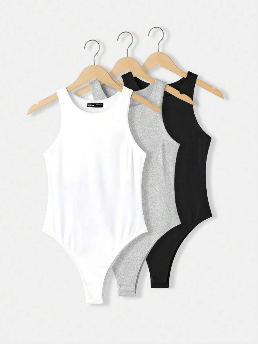 SHEIN BASICS Bộ 3 món đồ liền thân dệt kim không tay cổ tròn đơn giản màu trơn dành cho nữ - Xám - Xem 1