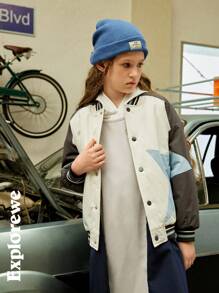SHEIN Jaqueta Casual de Cidade para Meninas com Estampa de Estrela em Retalhos, Forro Acolchoado, Macia e Quente, Adequada para Atividades ao Ar Livre, Uso Casual Urbano Diário, Outono/Inverno - Multicolorido - Visão 5