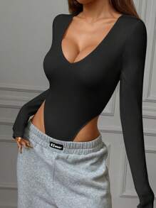 SHEIN EZwear 1 bộ đồ liền thân dệt kim màu đen cổ chữ V dài tay cho nữ - màu đen - Xem 6