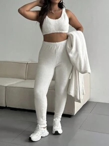 Flirla 3 piezas/Conjunto Cárdigan de punto talla grande, Felpa de borreguito marfil