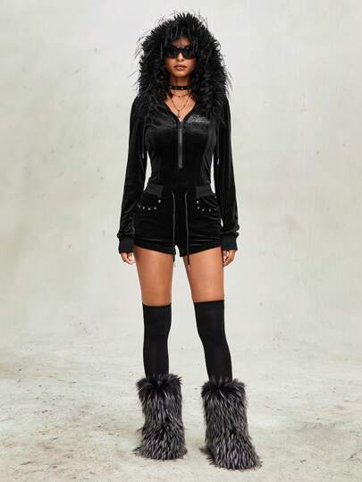 Grunge Punk Pull en velours de style Y2K avec strass, associé à des mini-shorts à taille très basse pour femmes