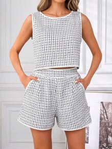 SHEIN Clasi 1 conjunto de top sin mangas y shorts de cuadros grandes para mujer, ropa profesional de otoño/invierno - Albaricoque - Ver 7
