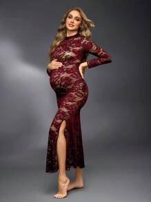 SHEIN Maternity Elegant Lace Split Long Sleeve Dress For Photoshoot, Autumn