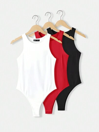 SHEIN BASICS Set de 3 bodys de punto de color liso con cuello redondo y sin mangas, ajustados, para mujeres