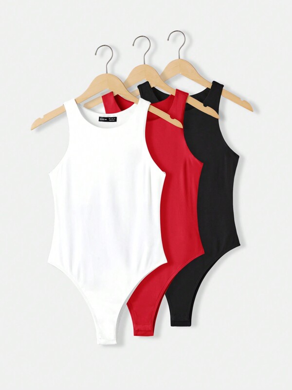 SHEIN BASICS Set de 3 bodys de punto de color liso con cuello redondo y sin mangas, ajustados, para mujeres