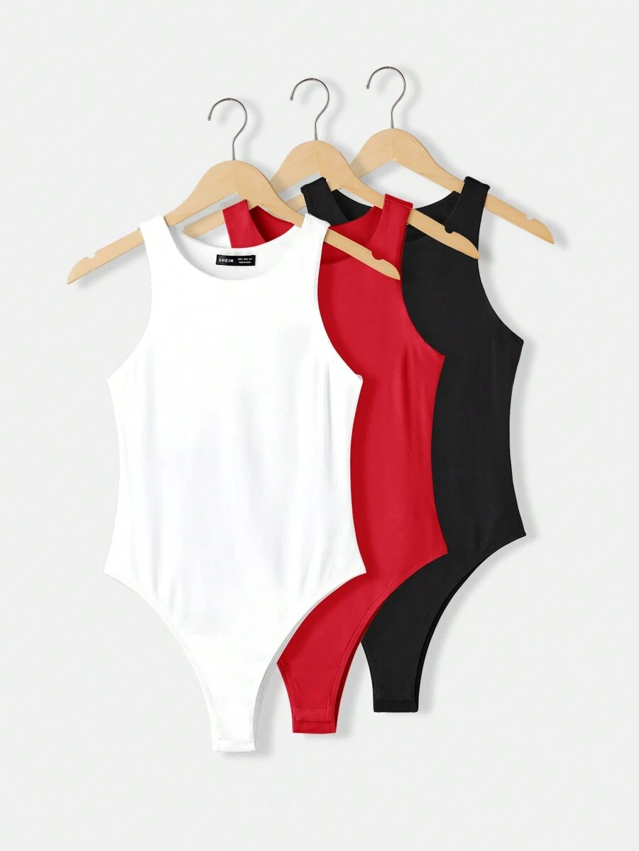 SHEIN BASICS 3pcs/Pack Casual Solid Color Round Neck Sleeveless Fitted Knit Bodysuit For Women/Summer - Red - View 1
