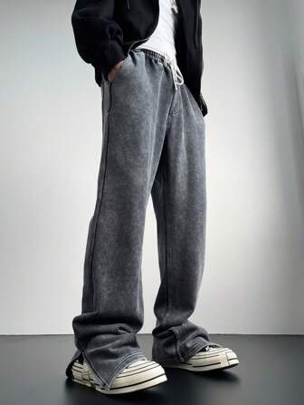 Manfinity Denimwave Men's Light Grey Mottled Knitted Denim Skinny Fit Casual Pants, Plain Long Straight Leg Jeans Acid Wash Jeans, For Husband, Boyfriend Gifts