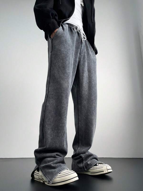 Manfinity Denimwave Men's Light Grey Mottled Knitted Denim Skinny Fit Casual Pants, Plain Long Straight Leg Jeans Acid Wash Jeans, For Husband, Boyfriend Gifts