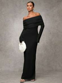 SHEIN BAE Women Elegant White Off-Shoulder Fitted Long Fall Dress,Elegant Women Dresses,Fall Wedding Guest Dress - Black - View 4