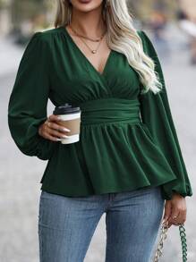 Flirla Plus Size Solid Color V-Neck Long Sleeve Pleated Casual Blouse Peplum Top - Green - View 6
