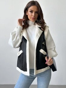 Firerie Elegant & Fashionable Versatile Black Warm Sherpa Fleece Sleeveless PU Vest, Autumn/Winter,Fall And Winter,Casual,Black And White,PU, - Black - View 5