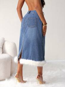 SHEIN SXY Women Casual Patched Fuzzy Hem Washed Denim A-Line Skirt, AutumnThermal Thickened Denim - Medium Wash - View 3