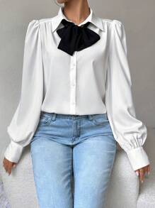 SHEIN Privé 女式撞色蝴蝶结泡泡袖衬衫 - 黑與白 - 查看 1