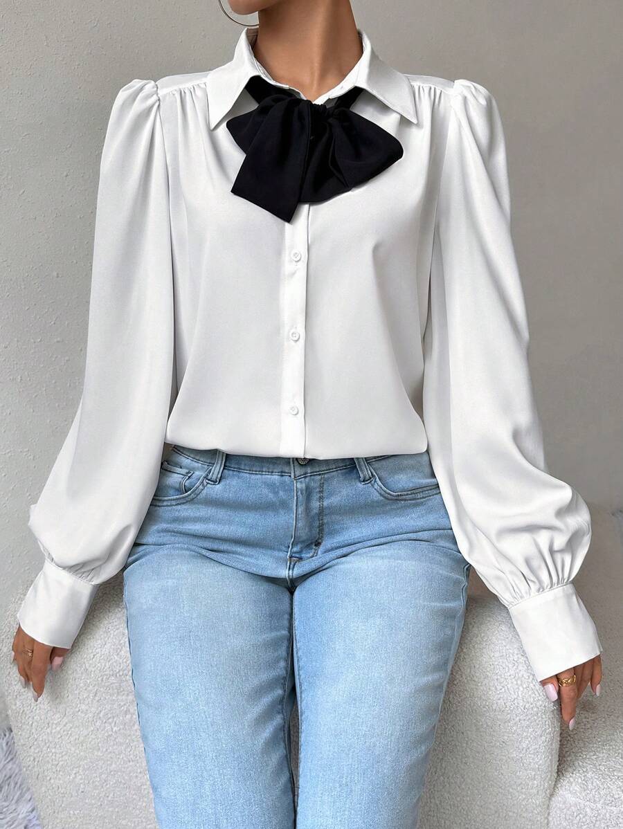 SHEIN Privé 女式撞色蝴蝶结泡泡袖衬衫 - 黑與白 - 查看 1