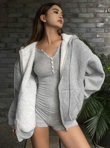 DAZY 女式纯色宽松连帽长袖保暖拉链夹克，秋季女装