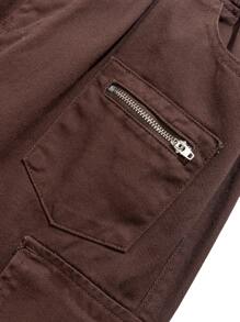 SHEIN 青少年男孩时尚休闲深咖啡色宽松工装口袋设计男孩牛仔裤，适合日常穿着和秋装 - 咖啡棕 - 查看 5