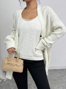 Chiquease Bộ 2 áo len cardigan hai túi đơn giản mùa thu cho nữ và áo len không tay - Màu be - Xem 4