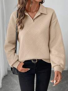 SHEIN LUNE Women's Textured POLO Collar Thick Layered Casual Sports Home Elegant Outdoor Warm Long Sleeve T-Shirt, Suitable For Autumn & Winter