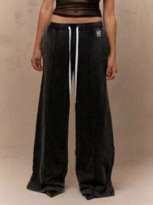 MISSGUIDED Quần dài thể thao ống rộng siêu thoải mái, quần dài thể thao có dây rút, eo co giãn, túi bên hông, logo thiết kế, trang phục thường ngày thu đông - màu đen - Xem 1