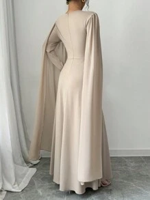女士优雅迷人派对长袖圆领束腰网眼披肩纯色长裙 - 卡其色 - 查看 2