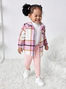 SHEIN 3-delige set met geruite babyjas voor meisjes, elastische taillebroek en witte gebreide basislaag, herfst/winter