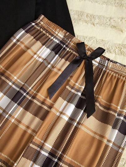 Cartoon Graphic Tee Plaid Pants PJ Set Pajama Set, Fall Clothes Cozy Elegante s, view 6