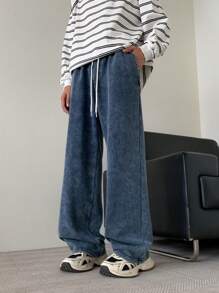 Claim Dot Men's Light Blue Distressed Wide Leg Denim Knit Jeans - Light Wash - View 3