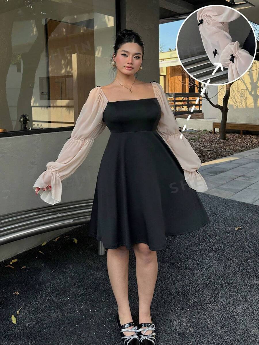 Flirla Vestido de manga larga de malla de lujo ligero con contraste para mujer de talla grande, vestido negro elegante de estilo francés de primavera y otoño con cintura ceñida para fiesta de noche
