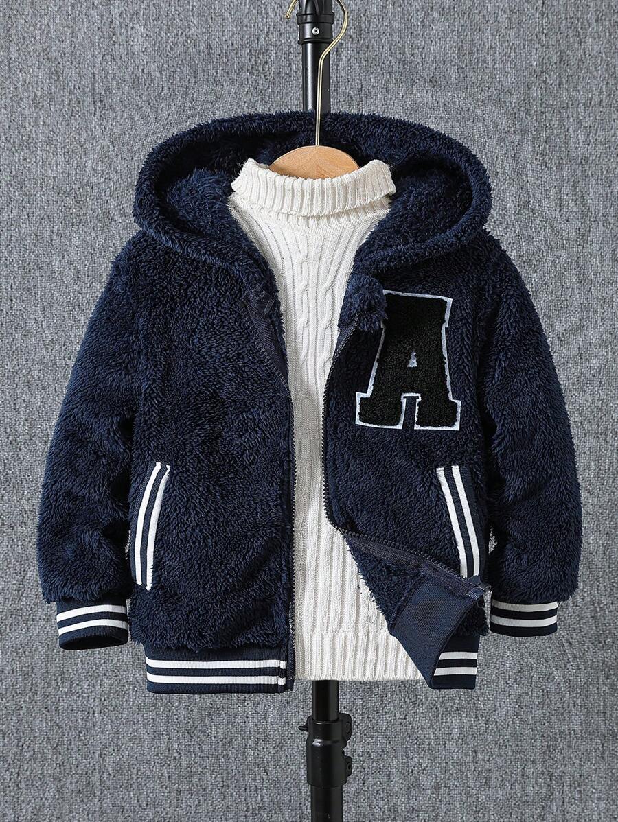 SHEIN 年轻男孩休闲运动夹克，带字母刺绣贴片和双面保暖内衬连帽加厚保暖夹克，适合户外活动或日常穿着 - 寶藍色 - 查看 1