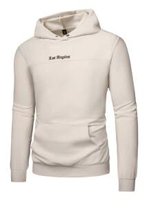 Manfinity Homme Men's Casual Letter Embroidery Kangaroo Pocket Hoodie Sweatshirt, Spring & Autumn - Apricot - View 1