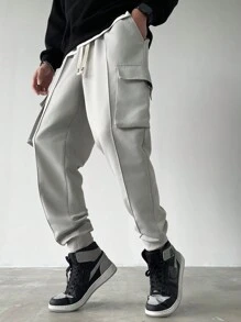 Claim Dot Men's Solid Color Drawstring Waist Cargo Pocket Tapered Leg Casual Pants - Light Grey - View 6