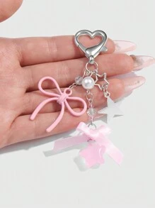 ROMWE Kawaii 1pc Ins Style Cute Girl's Elegant High-Quality Silver Chain Faux Pearl Pink Ribbon Acrylic Bowknot Star Keychain, Suitable For Women And Girls, Daily Wear And Festival Gift Valentines