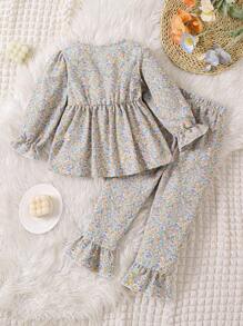 2 pezzi Set di pigiami casual a maniche lunghe con stampa floreale per ragazze, abbigliamento comodo per la casa - Multicolore - Visualizzare 2