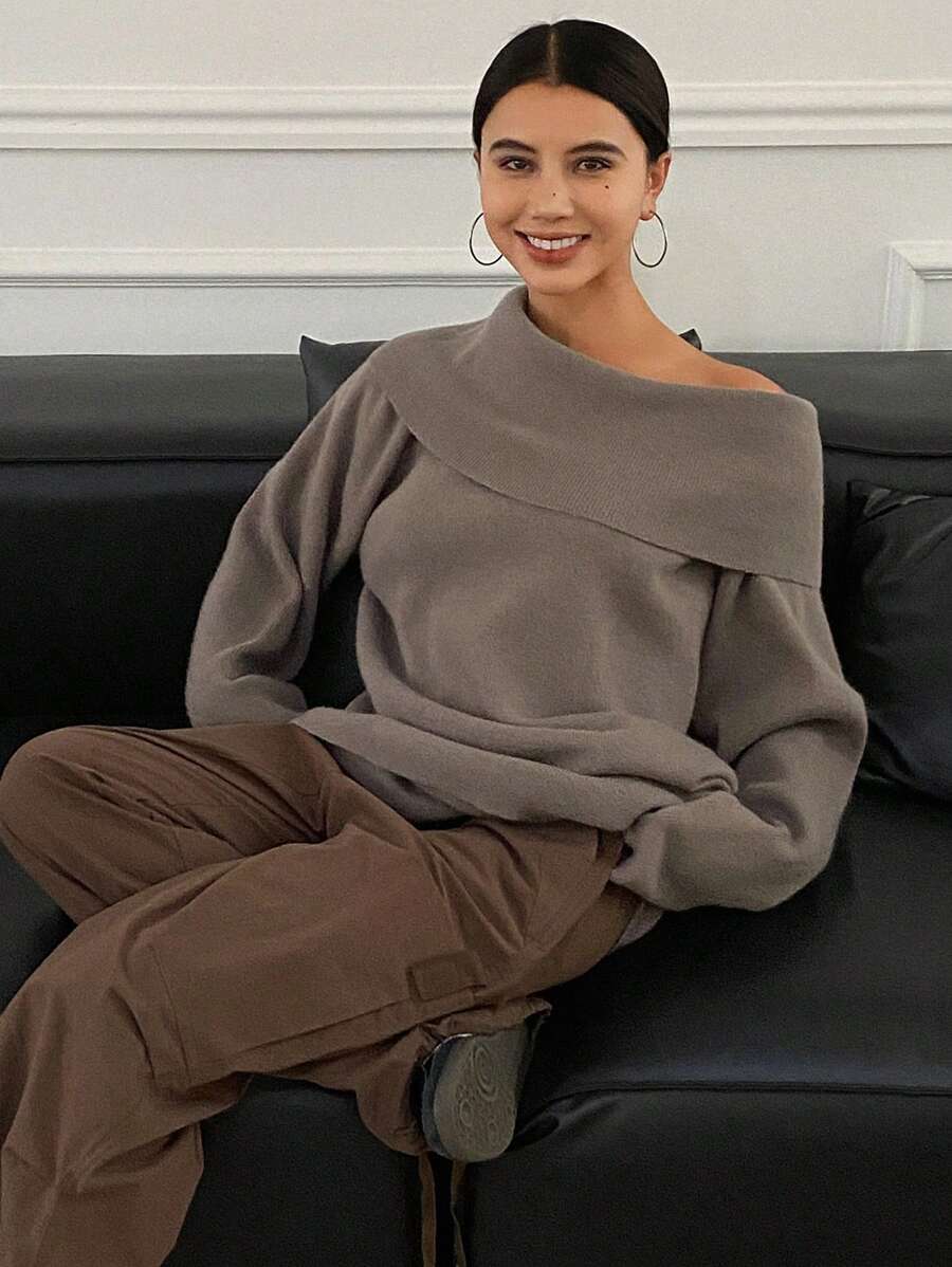 DAZY 1 Áo len dài tay trễ vai màu trơn rộng rãi cho nữ, Quần áo mùa thu cho nữ - Xám - Xem 1