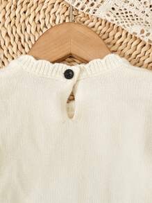 Baby Girls Solid Color Sweater With Elegant Floral Pattern, Bow Decor And Ruffle Trim, Soft And Suitable For Daily, Outing, Travel, Vacation, Home, Daycare, Playing, And School Occasions - White - View 7