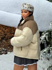 SHEIN SXY Manteau matelassé grande taille à col montant, zippé, avec blocs de couleurs, pour un style casual d'hiver - Kaki - Voir 2