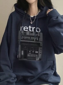 DAZY 女士连帽字母印花宽松口袋抓绒卫衣，长袖上衣，秋季服装，冬季